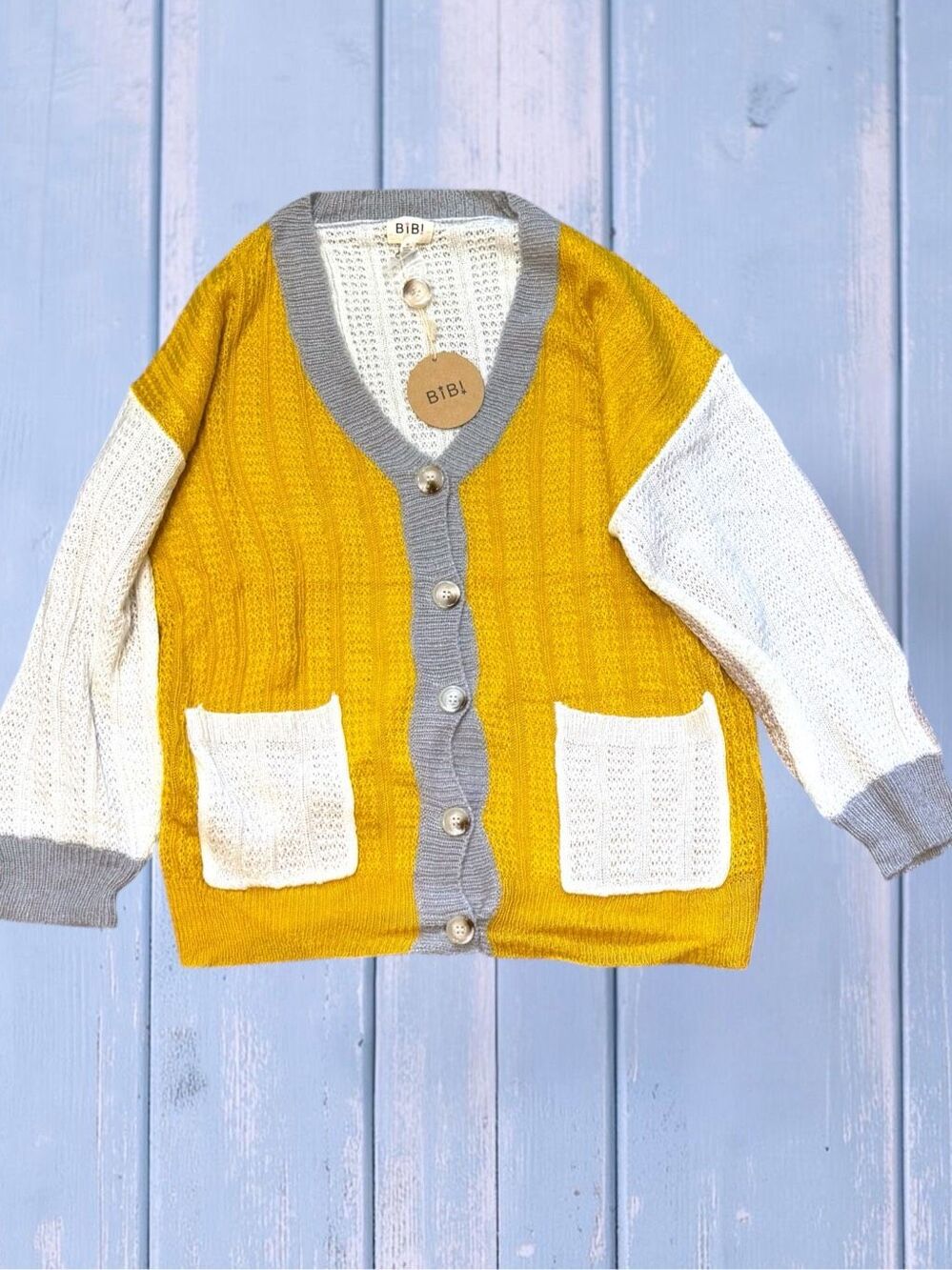 BiBi Mustard Color Block Button Cardigan Sweater | Oversized Cozy Knit | Pockets - Picture 11 of 14
